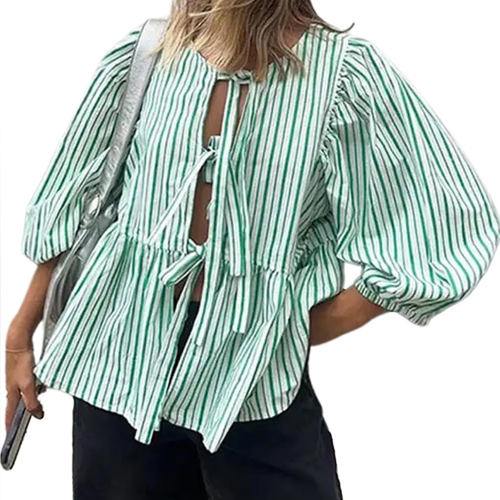 Tie front women’s top in green stripe